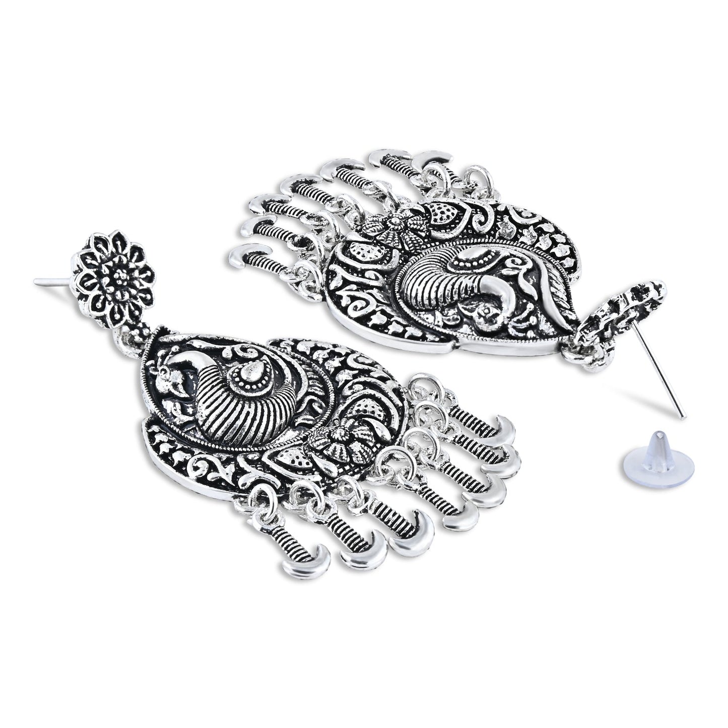 Navratri Ethnic Silver Oxidised Afghani Floral & Peacock Design Drop Earrings For Women & Girls - Wahe Jewels - Swadesiicart