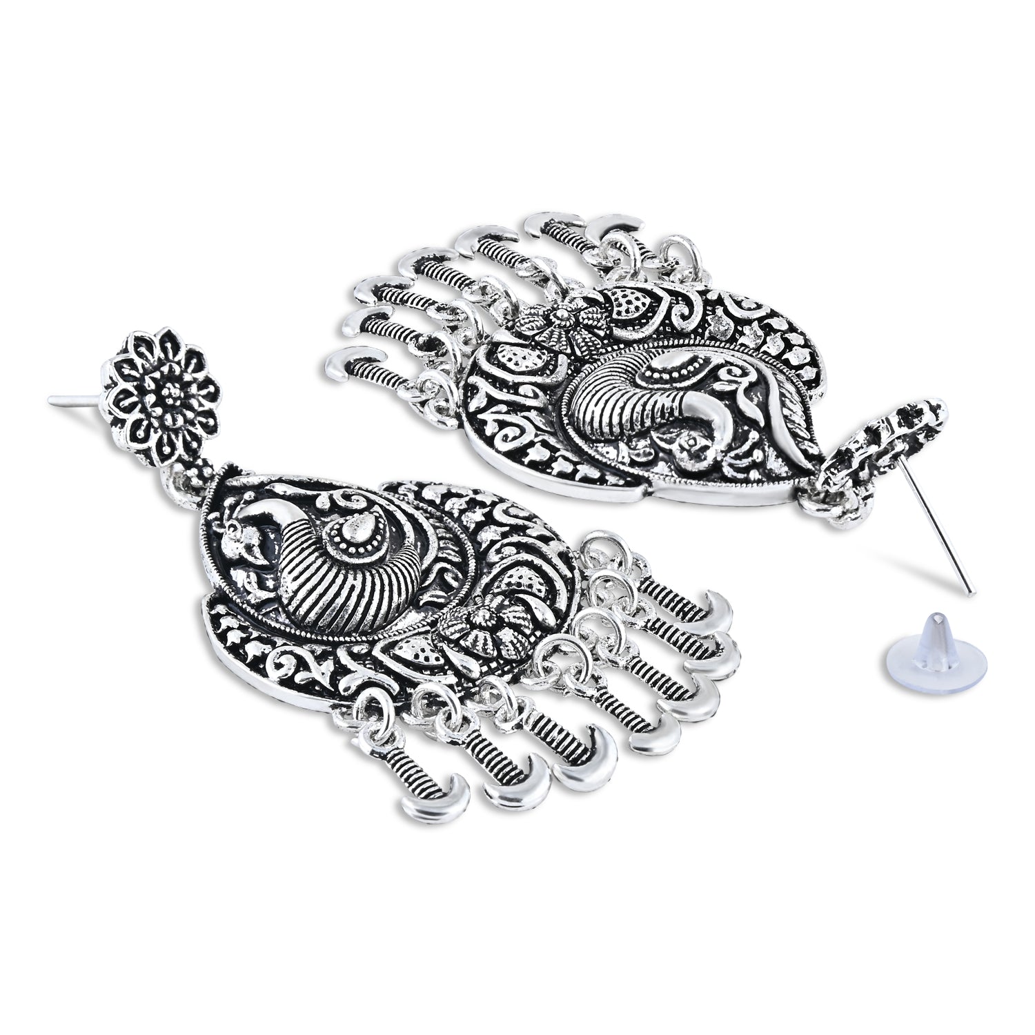 Navratri Ethnic Silver Oxidised Afghani Floral & Peacock Design Drop Earrings For Women & Girls - Wahe Jewels - Swadesiicart