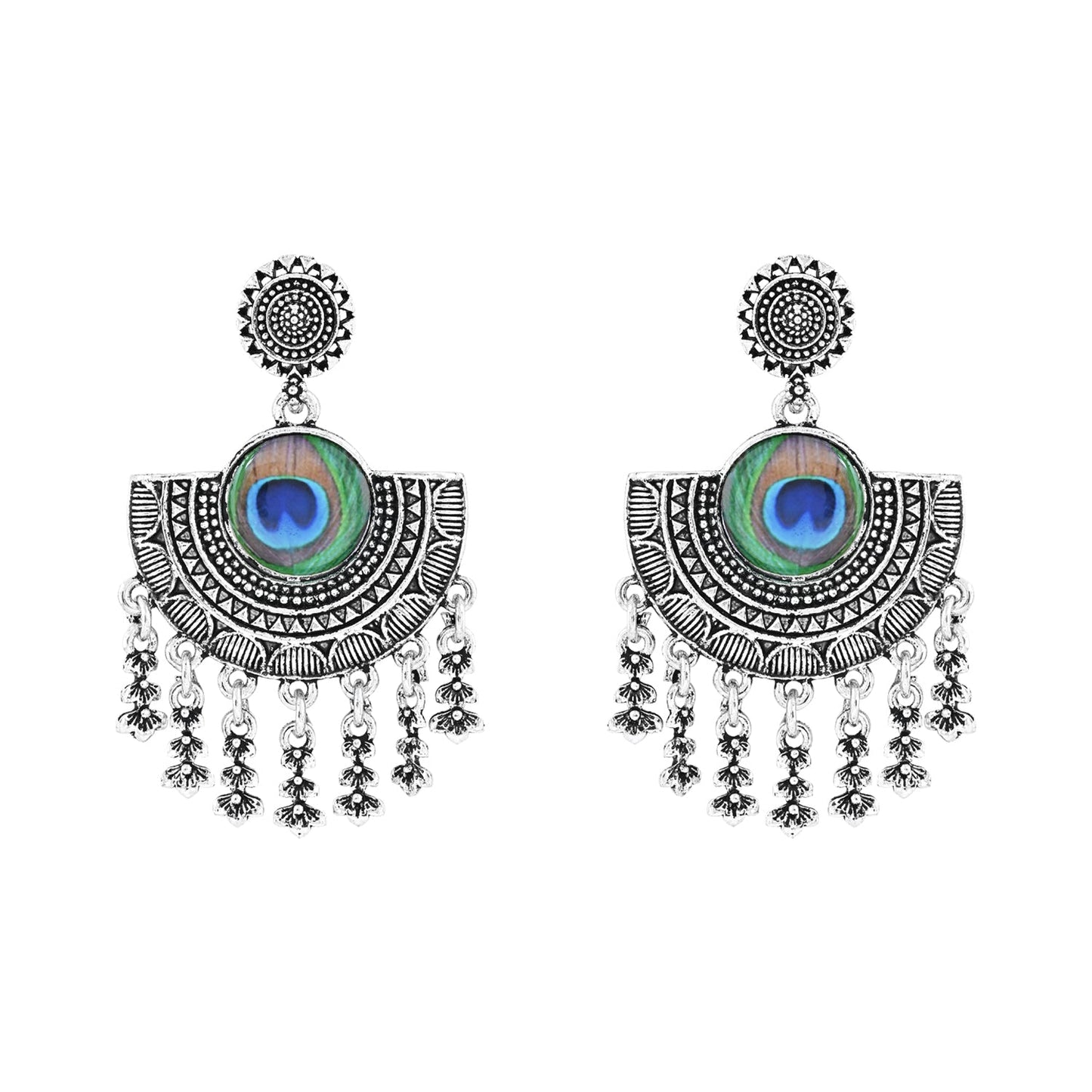 Navratri Ethnic Silver Oxidised Afghani Style Peacock Fether Earrings For Women & Girls - Wahe Jewels - Swadesiicart
