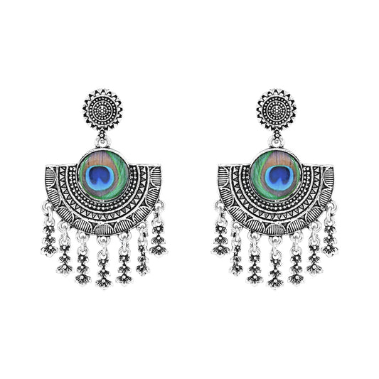 Navratri Ethnic Silver Oxidised Afghani Style Peacock Fether Earrings For Women & Girls - Wahe Jewels - Swadesiicart