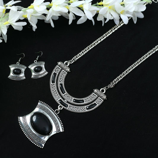 Mominos Fashion Johar Kamal Oxidised Silver-Plated Stone Work Long Necklace Handicraft | Swadesiicart