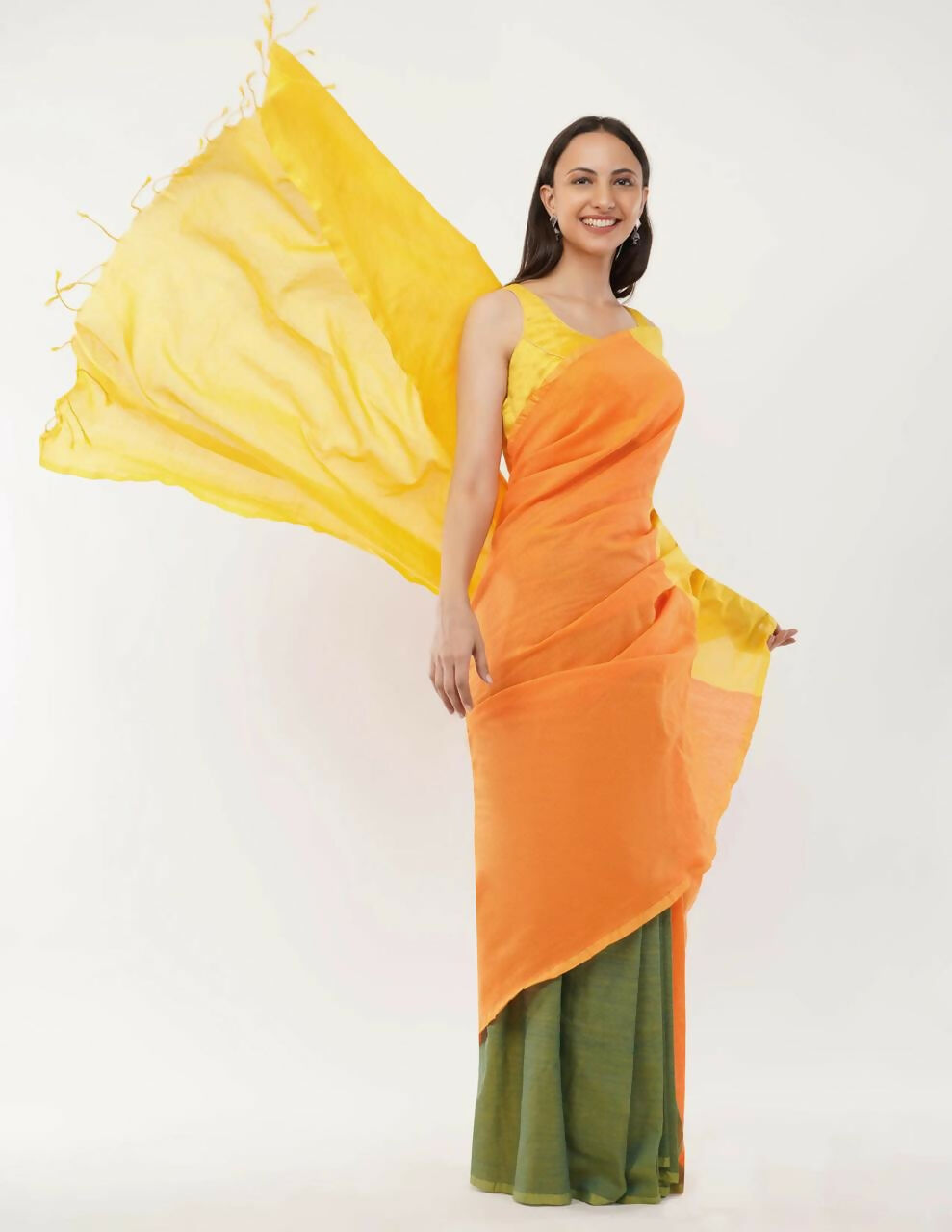 Exclusive Collection Beautiful Khadi Cotton Yellow Orange Green Handloom Saree - Swadesiicart