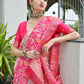 Vishnu Weaves Women's Pink Banarasi Silk Patola Zari Woven Saree with Blouse - Swadesiicart