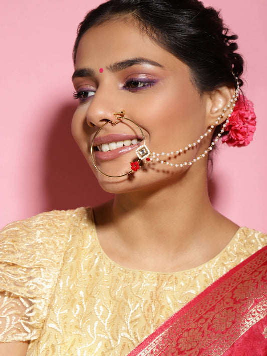 Gold-Polished White Red Kundan-Studded Pearl Beaded Nosepin - Ruby Raang | Swadesiicart