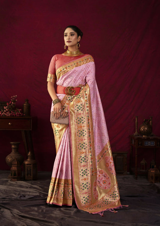 Vishnu Weaves Women's Baby-Pink Paithani Silk Saree with Blouse - Swadesiicart