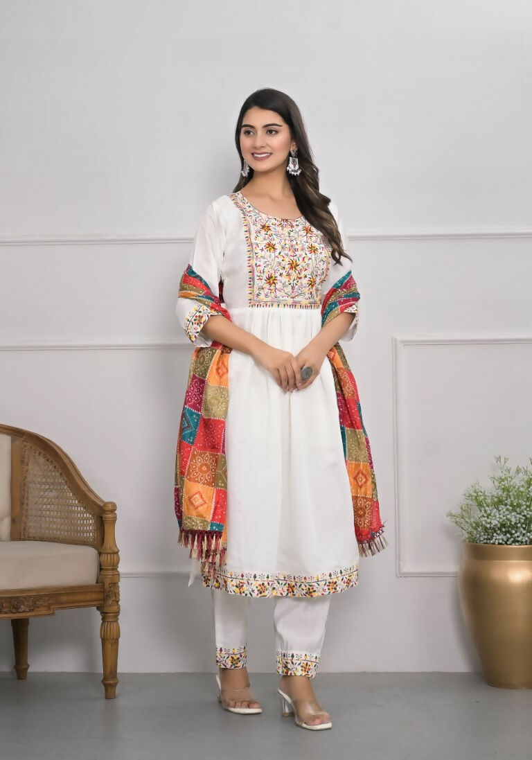 White Viscose Silk Embroidery with Thread and sequence Stitched Suit With Dupatta - Tanisha | Swadesiicart