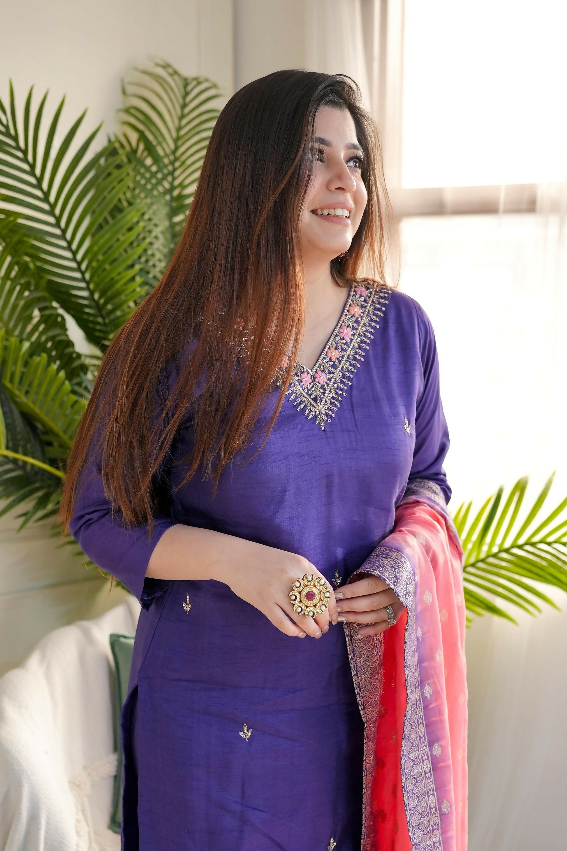 The52 Purple Women's Gorgeous Embroidered Vichitra Fabric Straight Kurta Pant with Dupatta Set - Swadesiicart