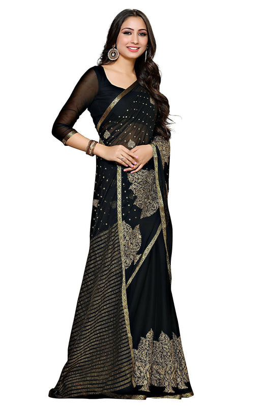 Mimosa Women's Banarasi Chiffon Black Saree | Swadesiicart
