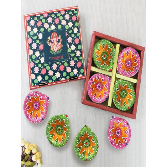 Tied Ribbons Green & Pink Set of 8 Terracotta Clay Diwali Diyas | Swadesiicart