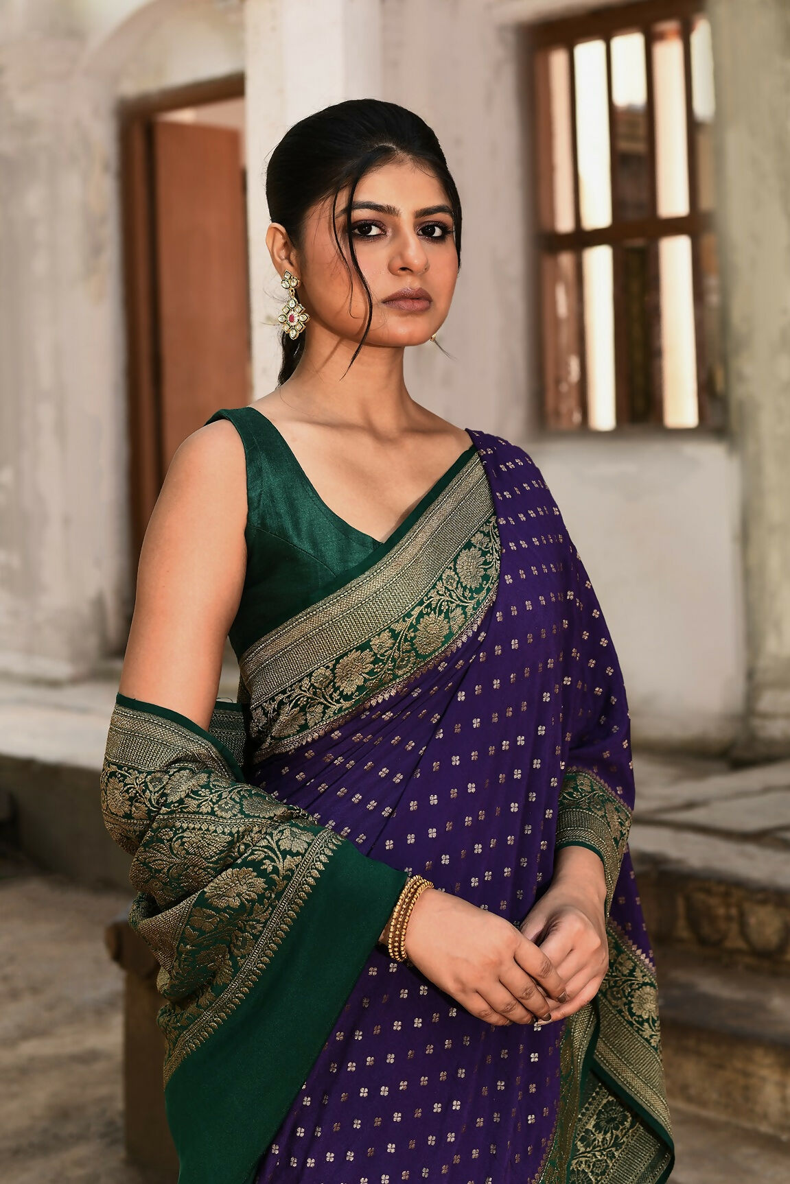 Joban Fashion Purple Crepe Chiffon Pure Handloom Banarasi Silk Saree | Swadesiicart