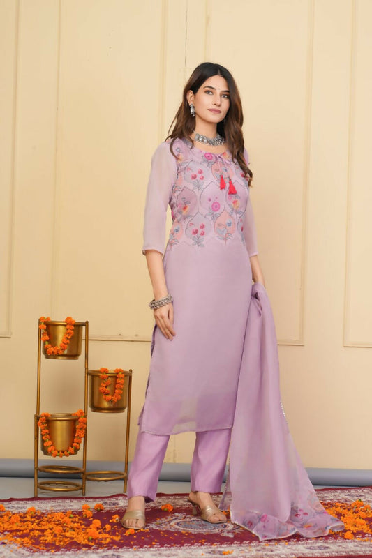 Wine Premium Organza Embroidered Stitched Suit With Dupatta - Tanisha | Swadesiicart