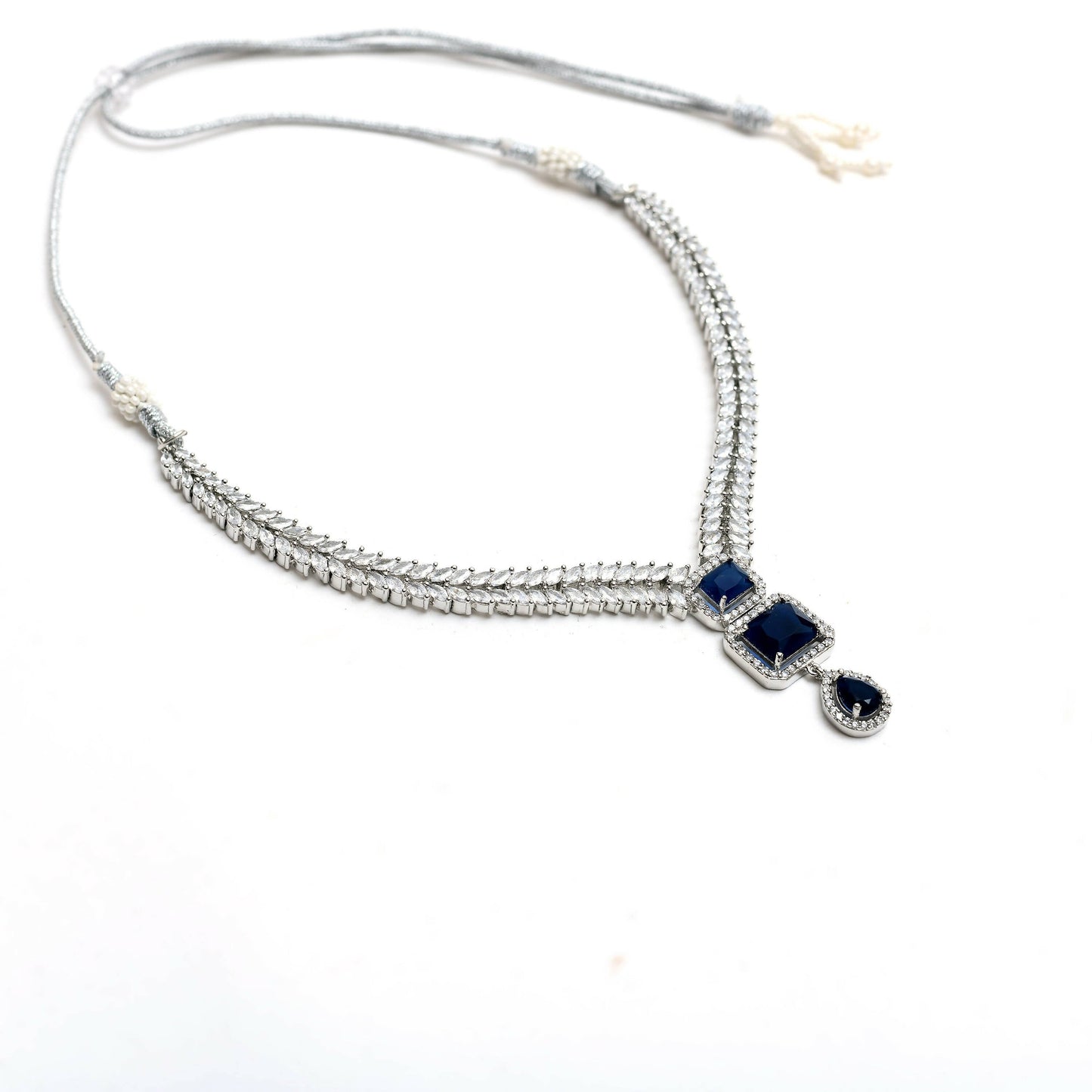 Mominos Fashion Johar Kamal Silver-Plated American Diamond Navy Blue Choker Set | Swadesiicart