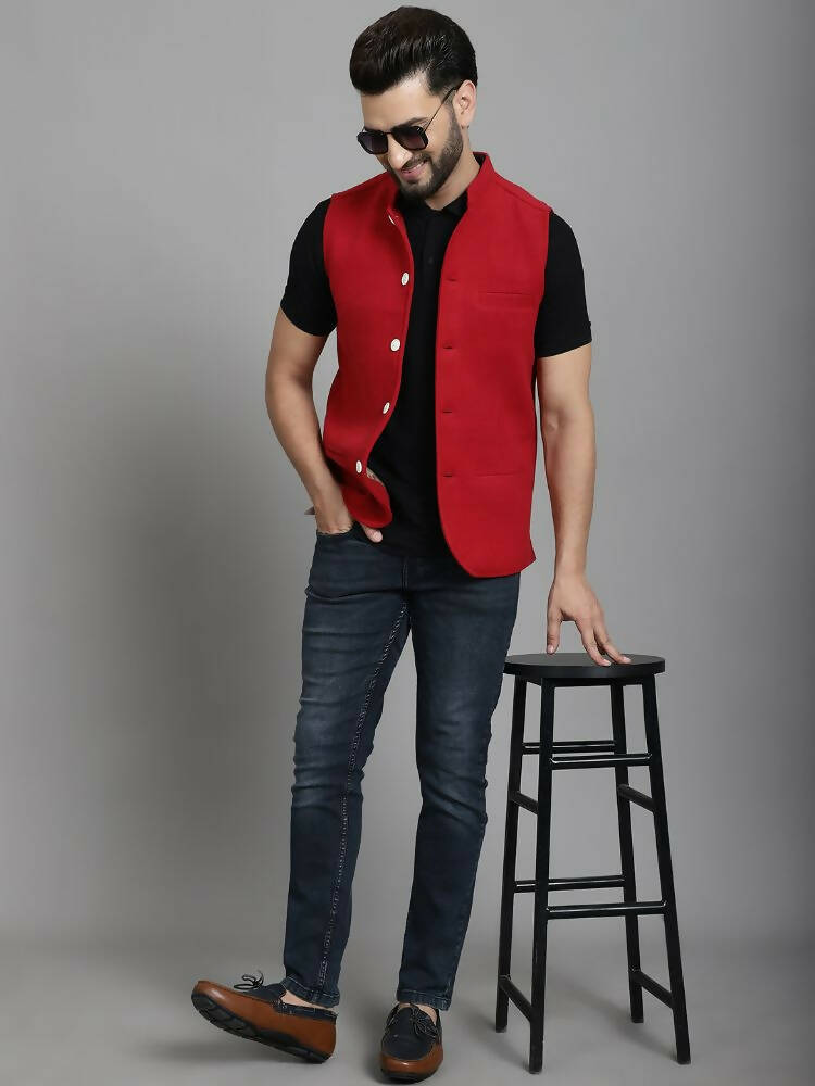 Even Apparels Nehru Jacket With Welt Pockets - Red | Swadesiicart