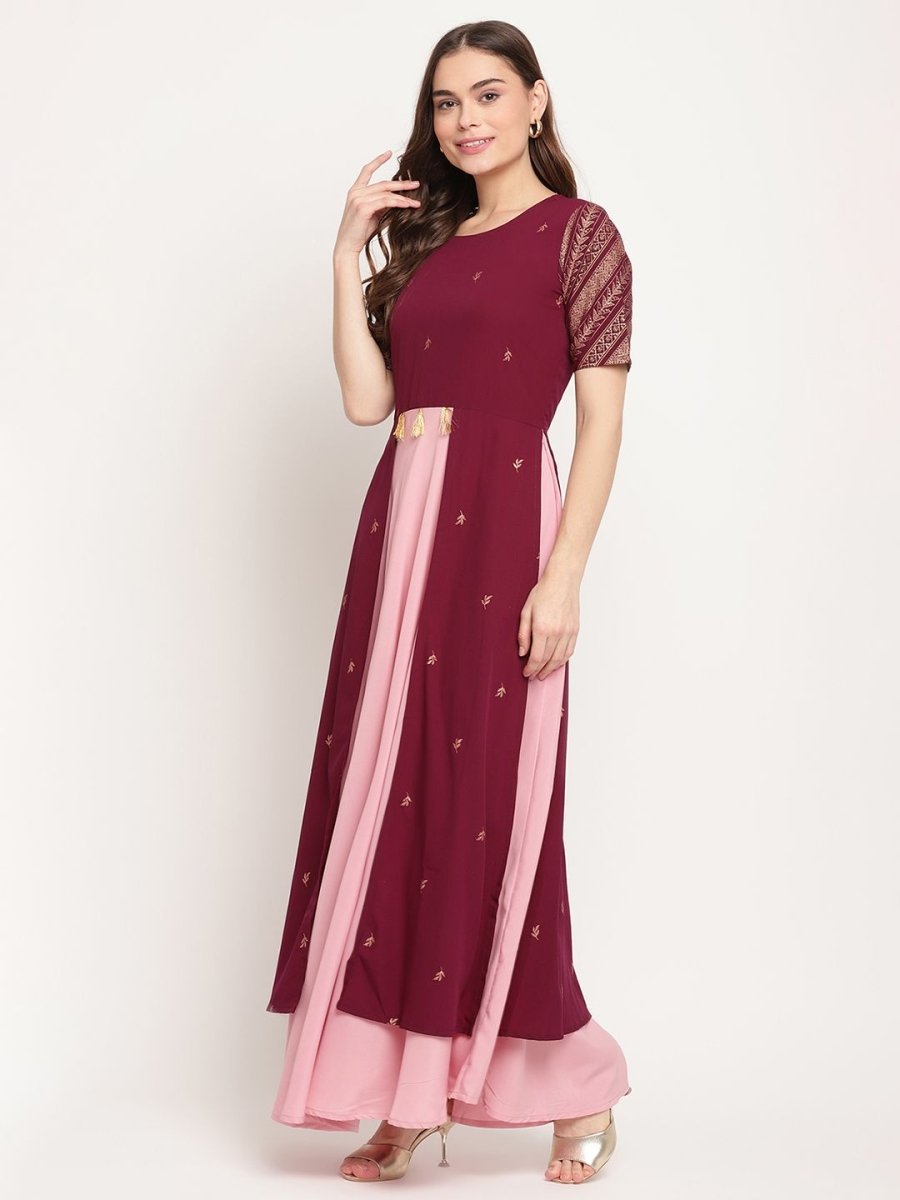 Ahalyaa Women Wine Crepe Glitter Print Dress | Swadesiicart