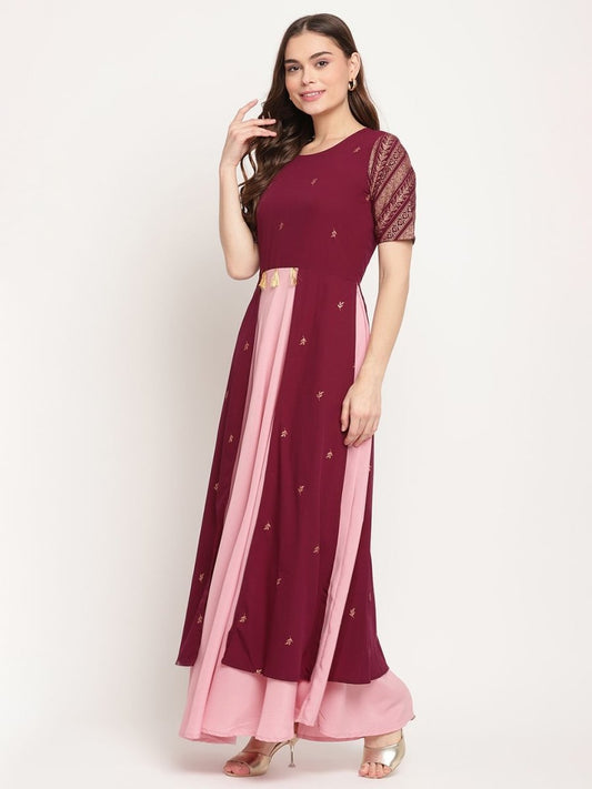 Ahalyaa Women Wine Crepe Glitter Print Dress | Swadesiicart