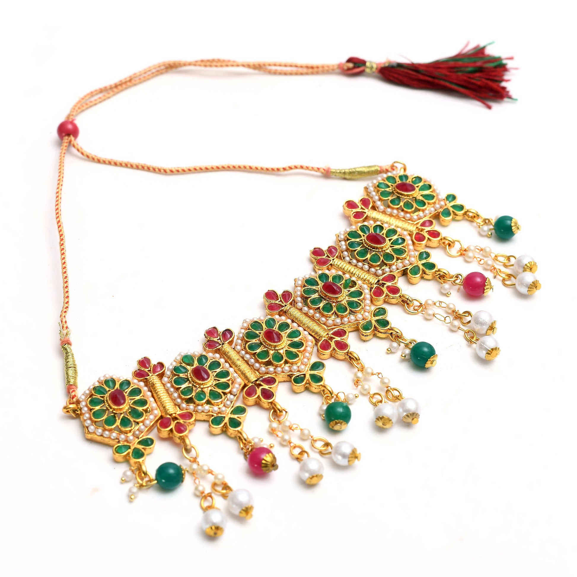 Mominos Fashion Johar Kamal Women Gold-Polished Brass Finish Meena & Pearls Work Choker | Swadesiicart