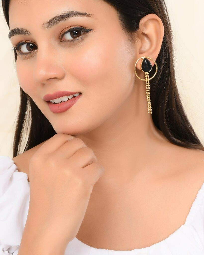 VOJ One Gram Gold-Polished Drop Shaped Black Stone Studded Earrings - Swadesiicart