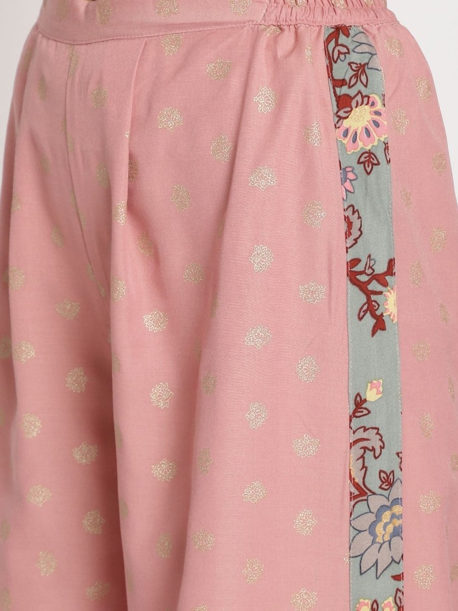 Ahalyaa Pink Ethnic Motifs Printed Angrakha Kurti With Palazzos For Women | Swadesiicart