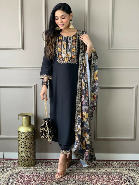 Partywear Designer Viscos Chanderi Black Stitched Suit With Dupatta - Tanisha | Swadesiicart