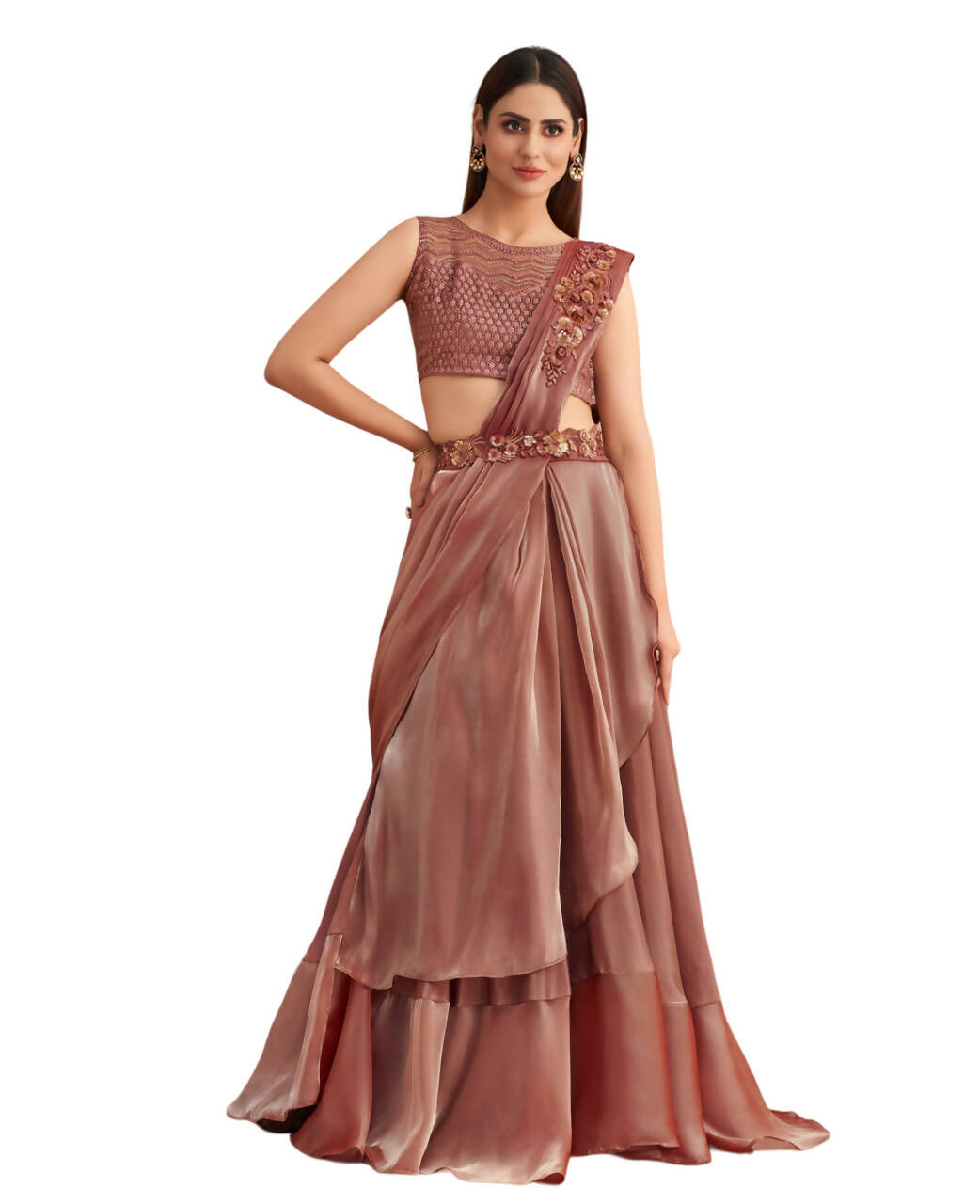 Pink Satin Embroidered Ready To Wear Saree With Unstitched Blouse Piece - Nandika | Swadesiicart