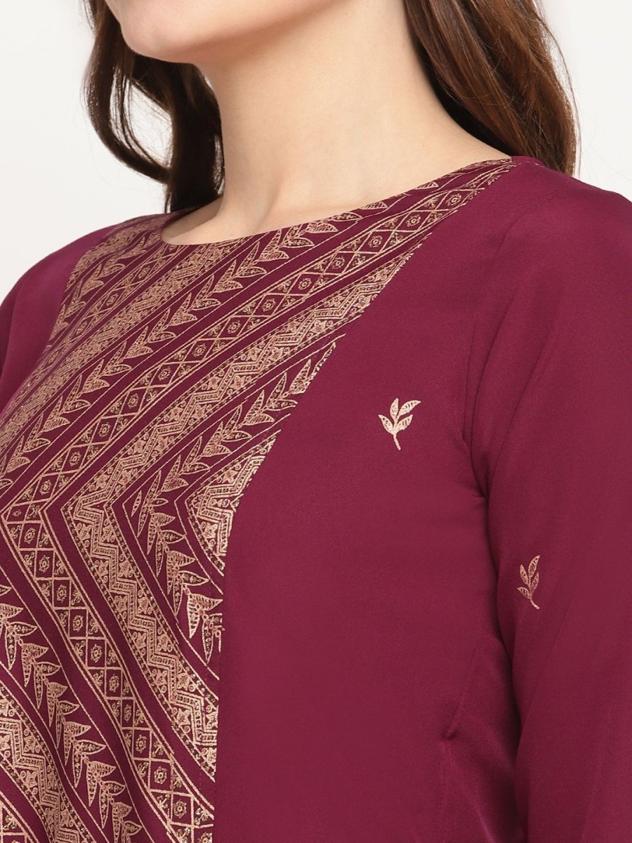 Ahalyaa Women's Wine Crepe Gold Glitter Print Kurta Trouser Set | Swadesiicart