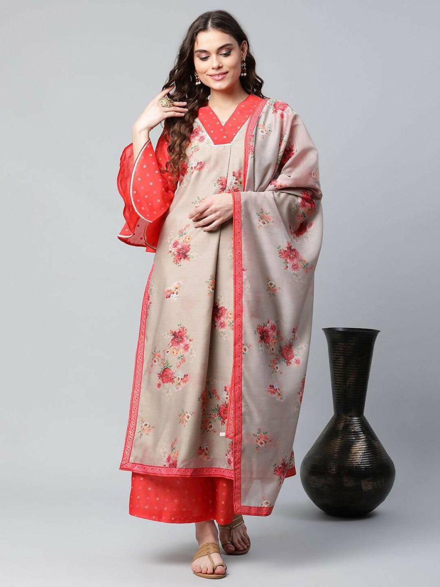 Ahalyaa Womens Chiku Chanderi Printed Kurta Palazzo Set | Swadesiicart
