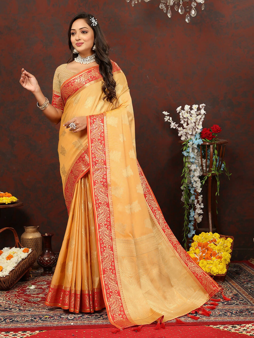 Lorenvalley Fashion Gold Cotton Woven Design with Zari Weaving Design Saree - Swadesiicart
