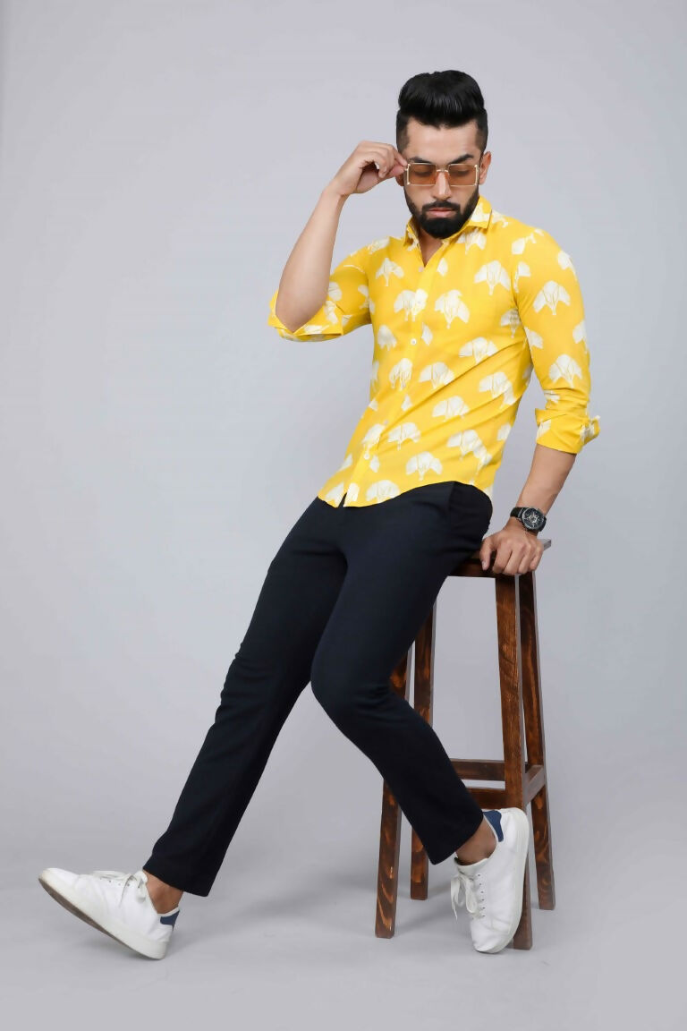 Miravan Men's Yellow and White Floral Printed Full Sleeves Cotton Casual Shirt | Swadesiicart