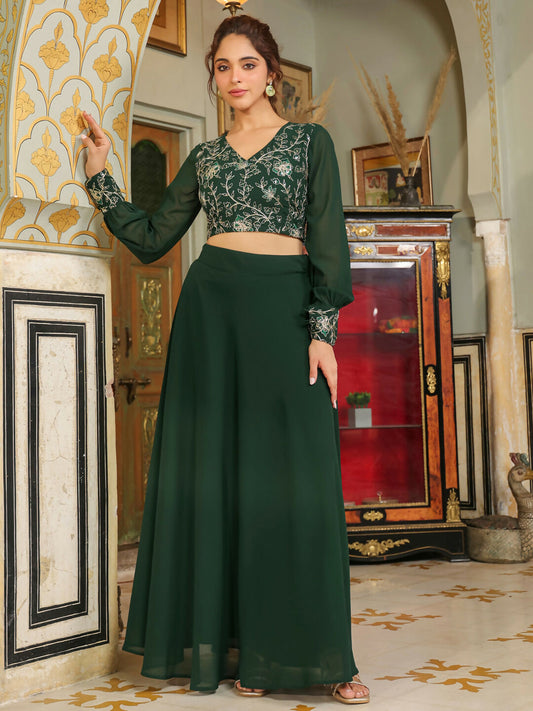Janasya Dark Green Georgette Embroidered Top & Skirt | Swadesiicart
