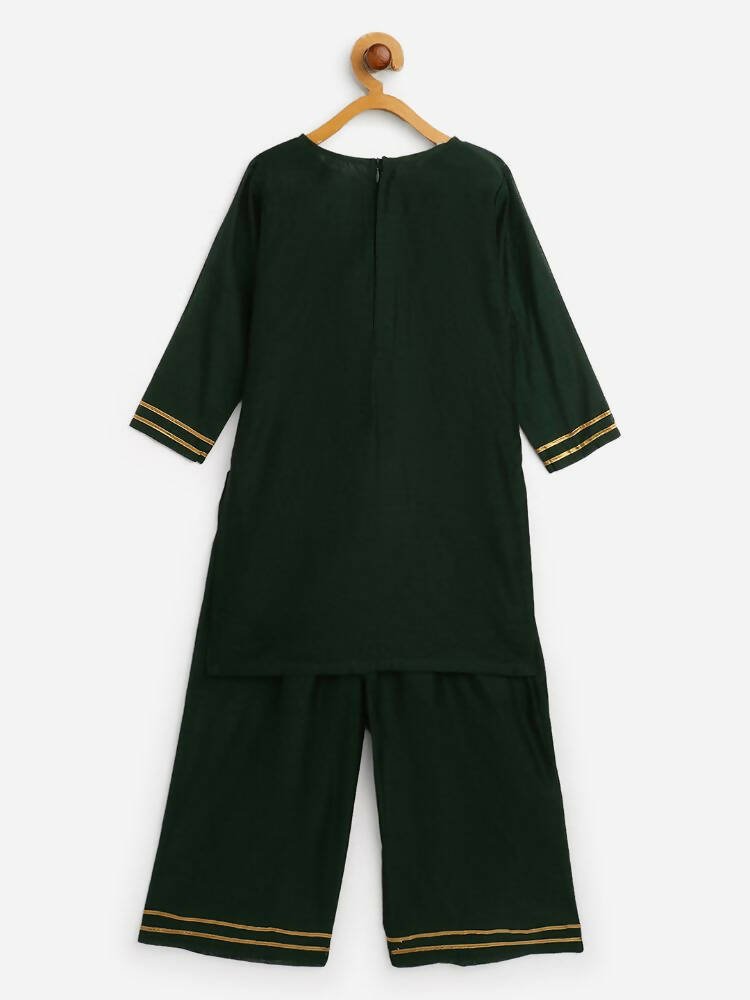 Ahalyaa Dark Green Chanderi Solid Kids Kurta Palazzo Set With Dupatta For Girls | Swadesiicart
