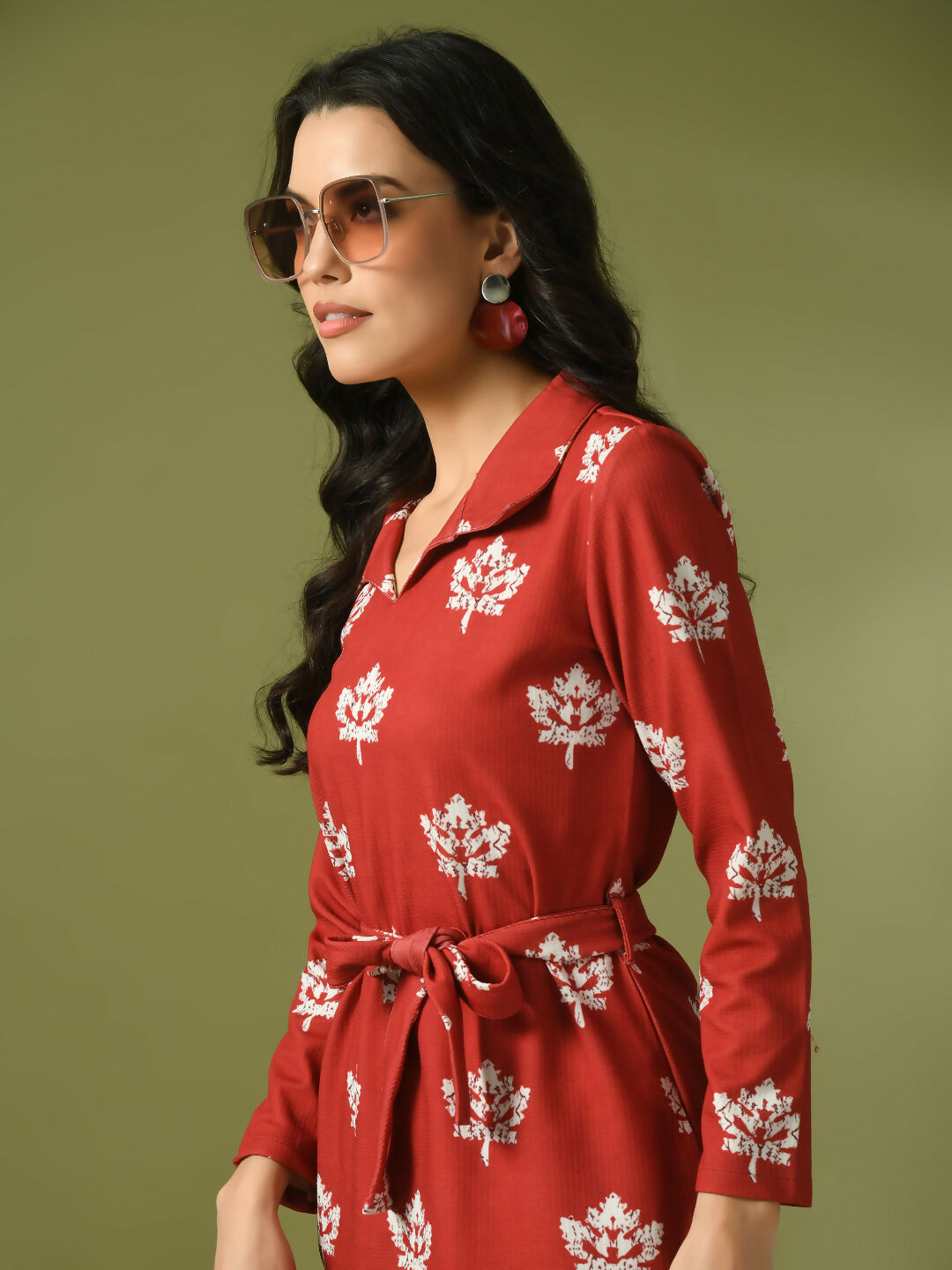 Myshka Women's Rust Printed Polo Collar Party Top With Trousers Co-ord set - Swadesiicart