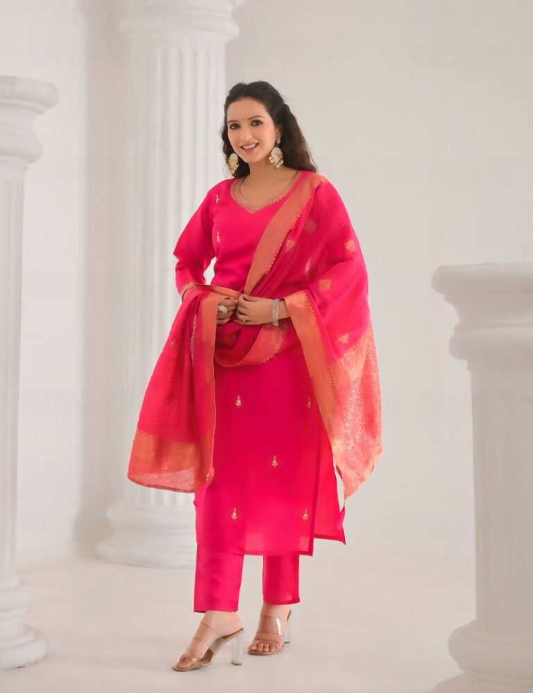 Ethnic Festive Wear Viscose Chanderi Pink Stitched Suit With Dupatta - Tanisha | Swadesiicart