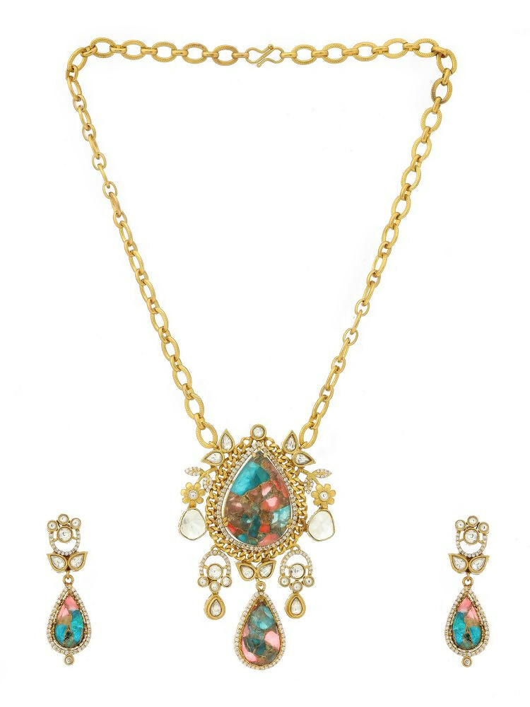 Kundan Antique Finish Floral Earrings and Necklace set - Ruby Raang | Swadesiicart