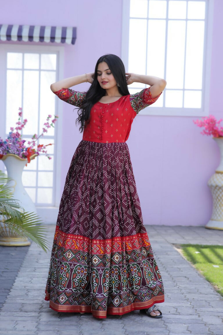 Jyoti Fashion Women's Wine Patola with Foil Print Dola Silk Anarkali Dress | Swadesiicart