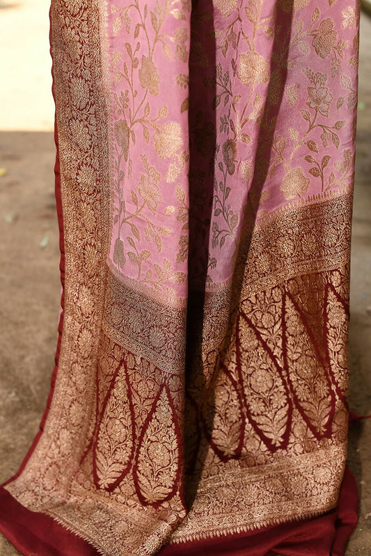 Joban Fashion Nude Pink Crepe Chiffon Pure Handloom Banarasi Silk Saree | Swadesiicart
