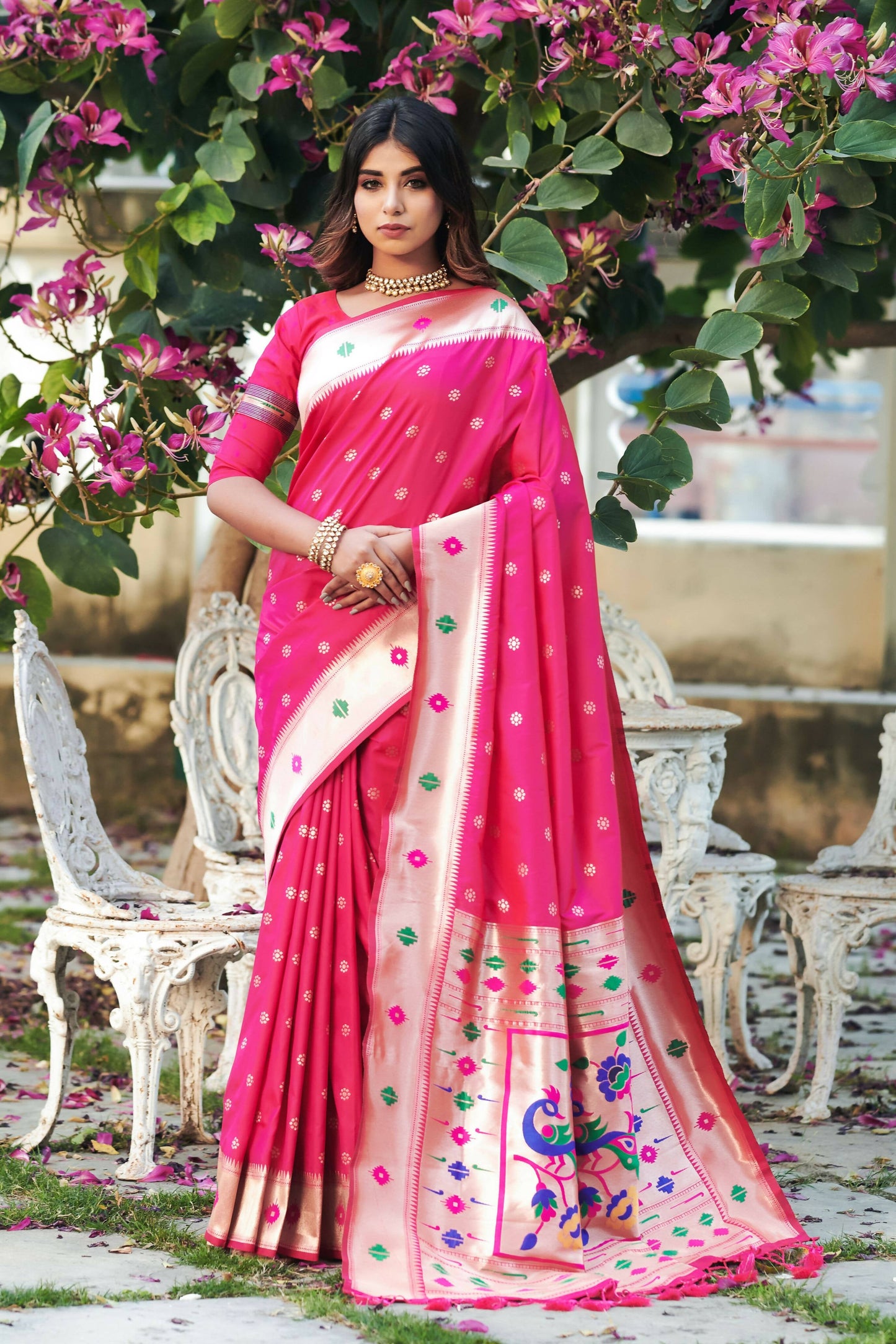 Vishnu Weaves Women's Rani Pink Banarasi Silk Zari Woven Paithani Saree with Unstitched Blouse - Swadesiicart