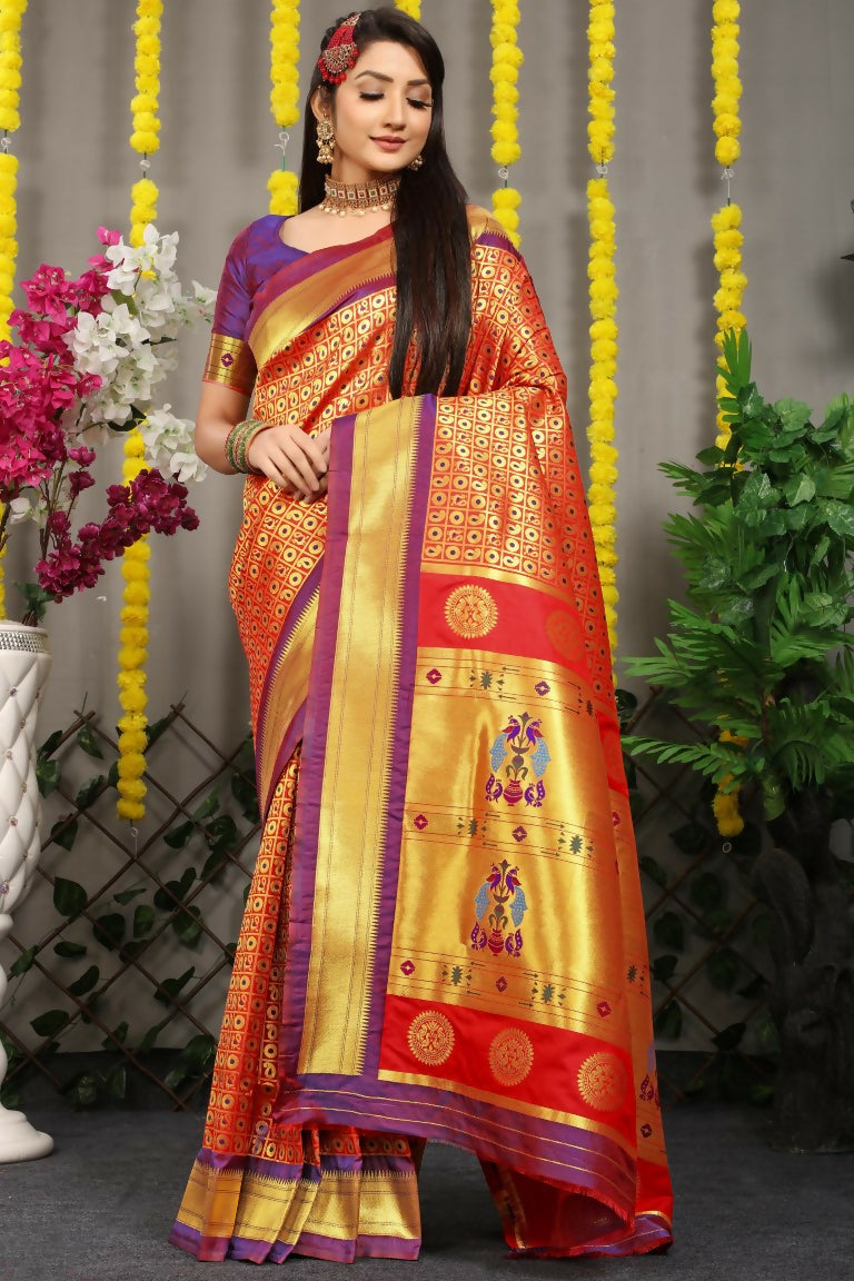 Jyoti Fashion Women's Maroon Banarasi Silk Zari Woven Saree with Blouse | Swadesiicart