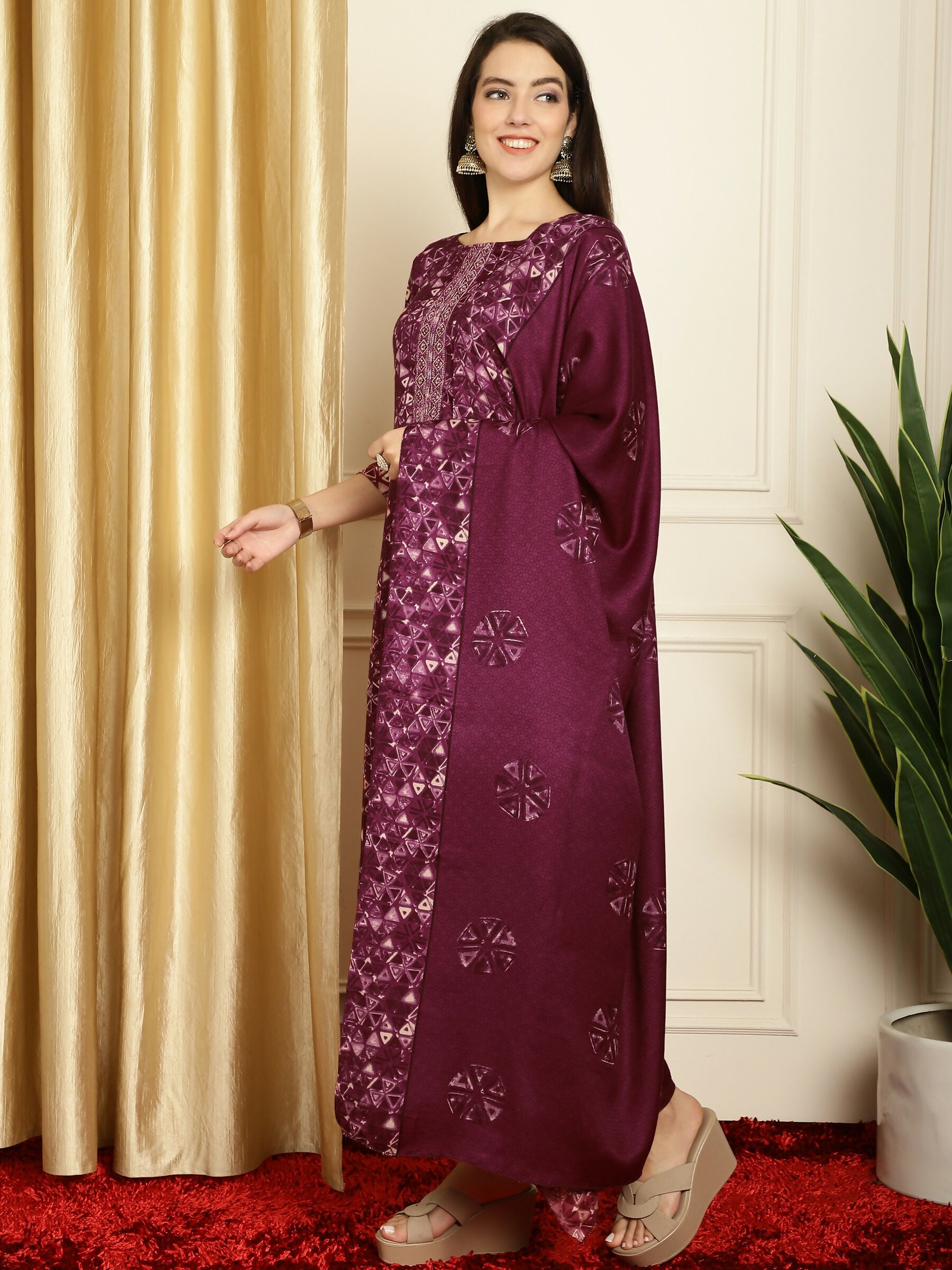 Jyoti Fashion Women's Wine Pashmina Floral Digital Printed Kurta with Trouser & Dupatta | Swadesiicart