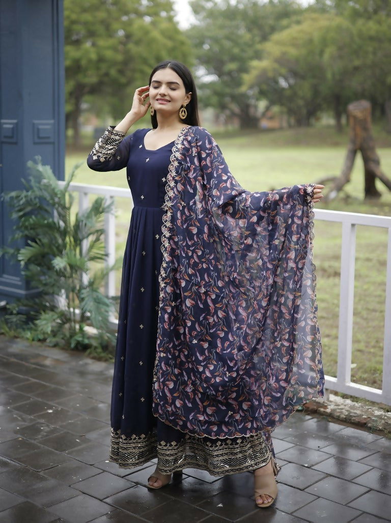 Jyoti Fashion Women's Navy Blue Faux Blooming Sequins with Zari Embroidery Anarkali Dress with Dupatta | Swadesiicart