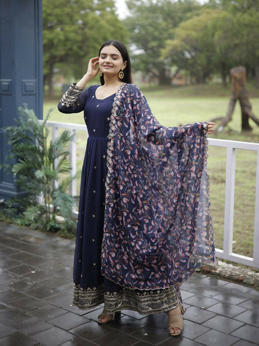 Jyoti Fashion Women's Navy Blue Faux Blooming Sequins with Zari Embroidery Anarkali Dress with Dupatta