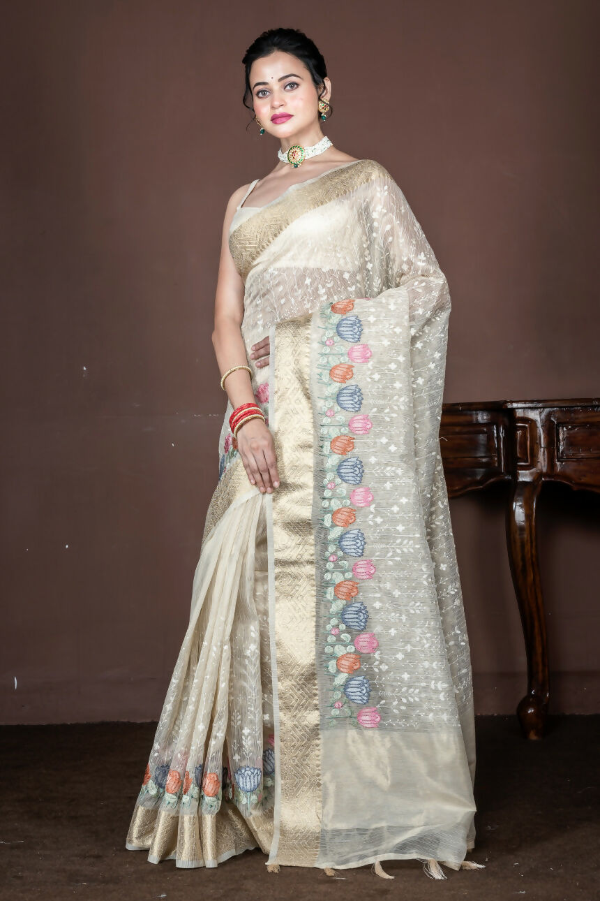 Morchari Beige Banarasi Tissue Computer Embroidery Saree Unstitched Blouse | Swadesiicart