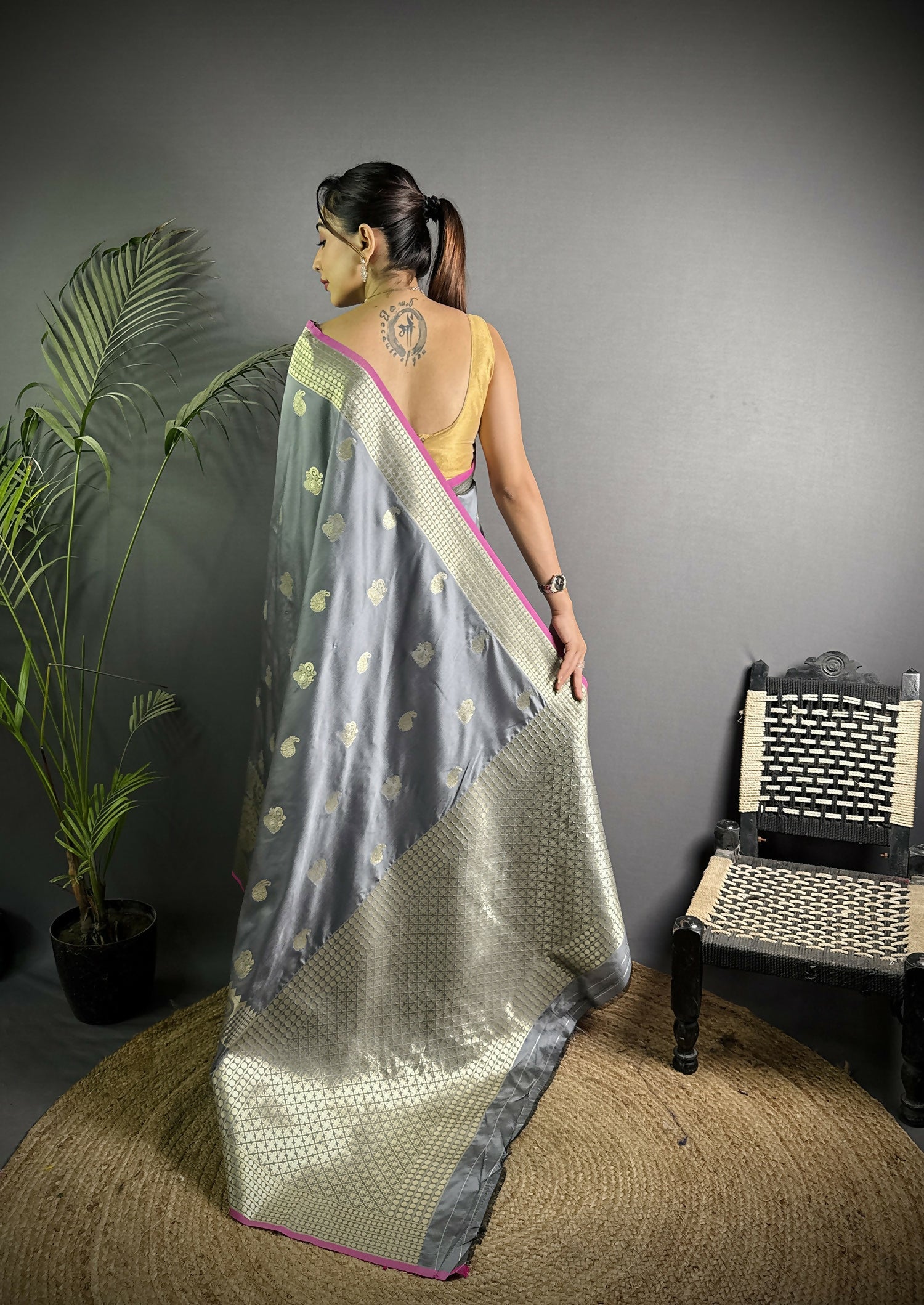Joban Fashion Dark Grey Banarasi Soft Lichi Silk Paisley Saree | Swadesiicart