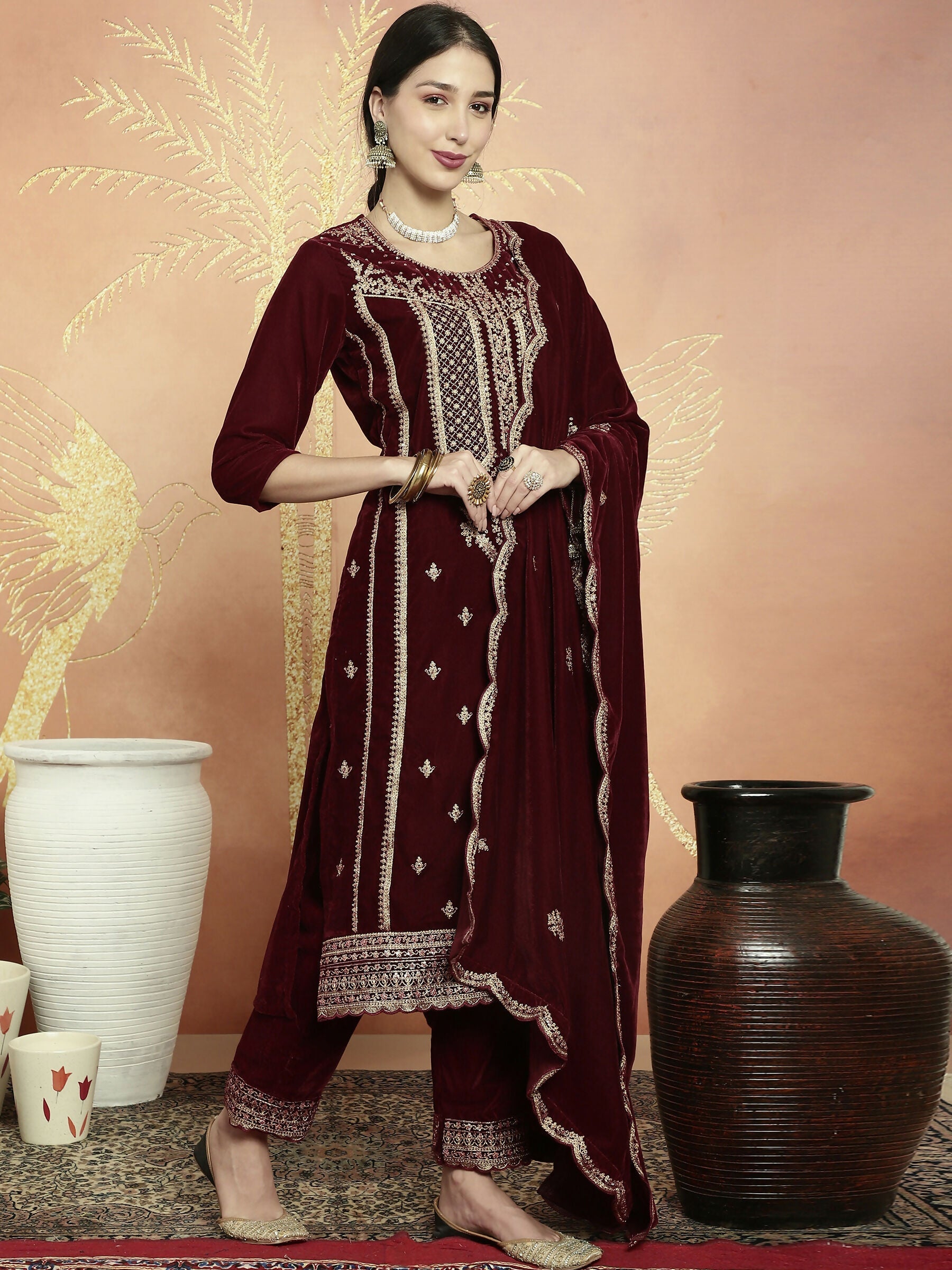 Jyoti Fashion Women's Maroon Velvet Cording with Resham Thread & Sequin Kurta with Trouser & Dupatta | Swadesiicart