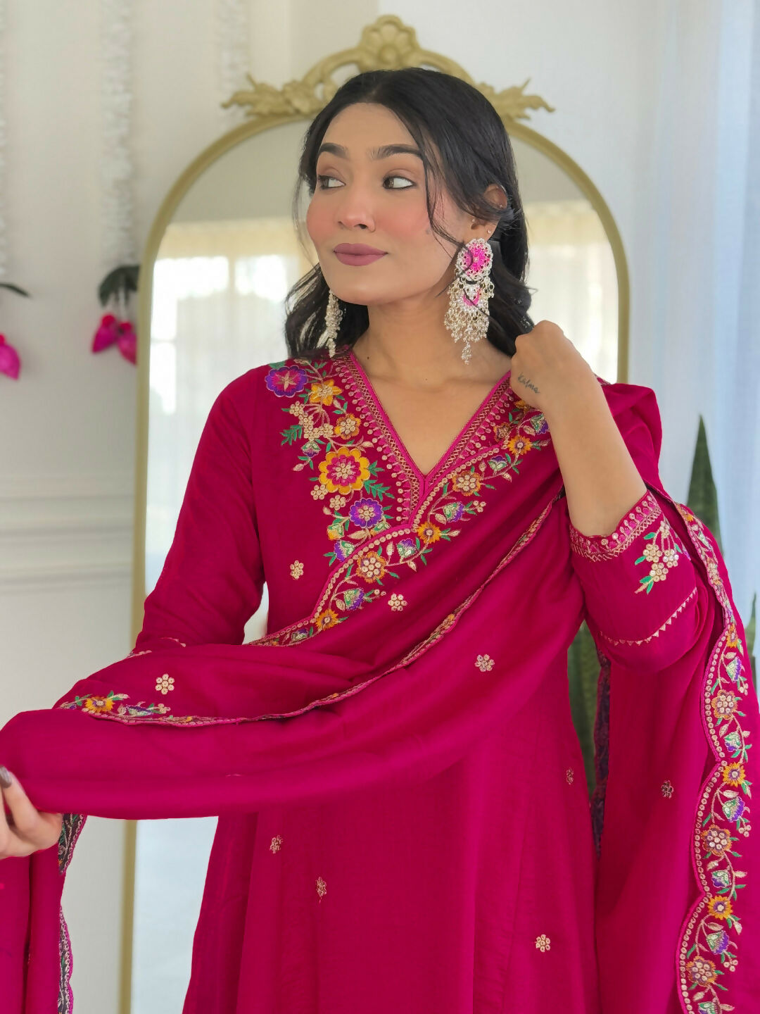 The52 Rani Women's Beautiful Embroidered Work Vichitra Silk Fabric Straight Kurta Pant and Dupatta Set - Swadesiicart