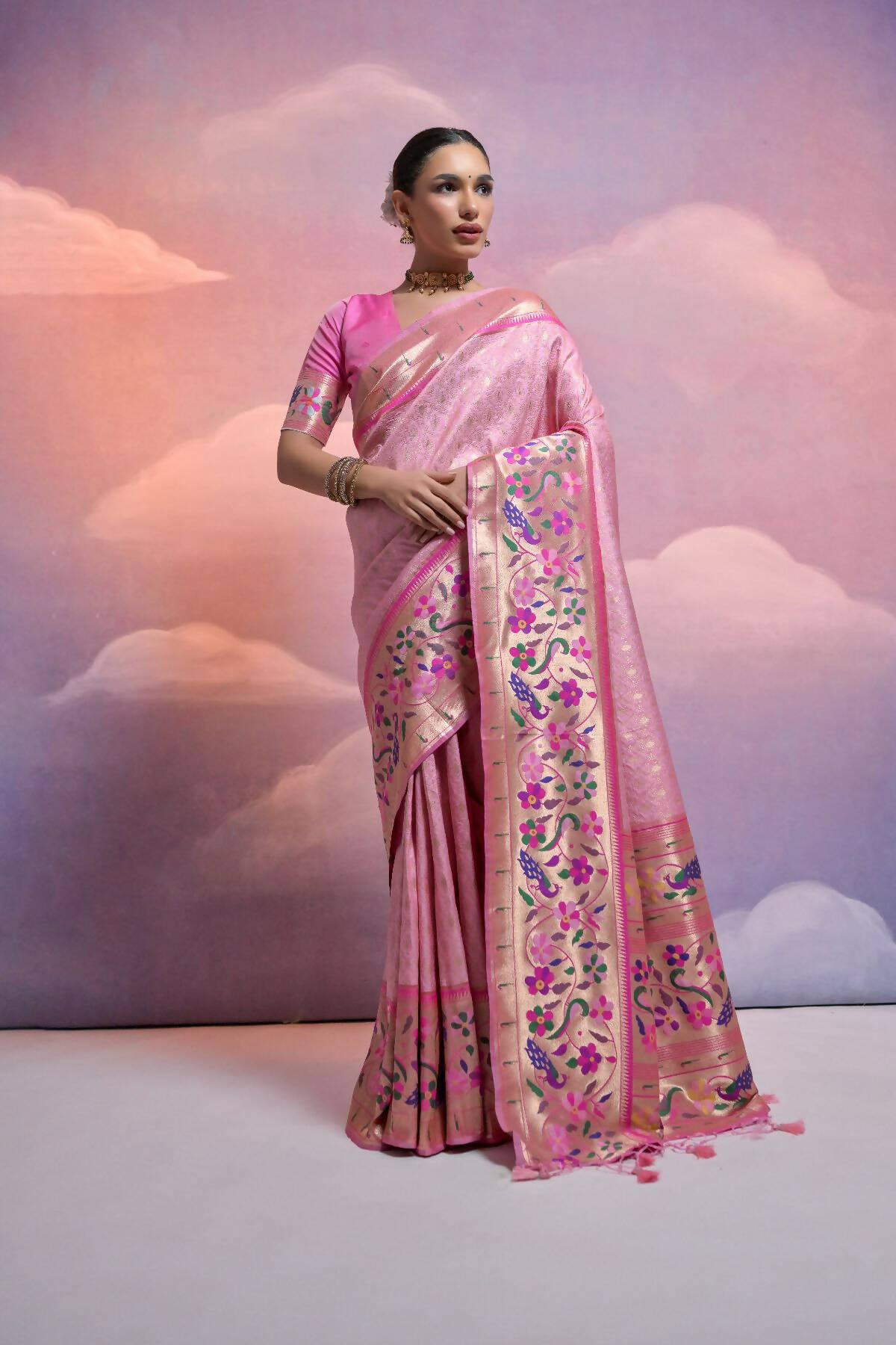 Vishnu Weaves Women's Baby-Pink Paithani Silk Zari Woven Saree with Blouse - Swadesiicart