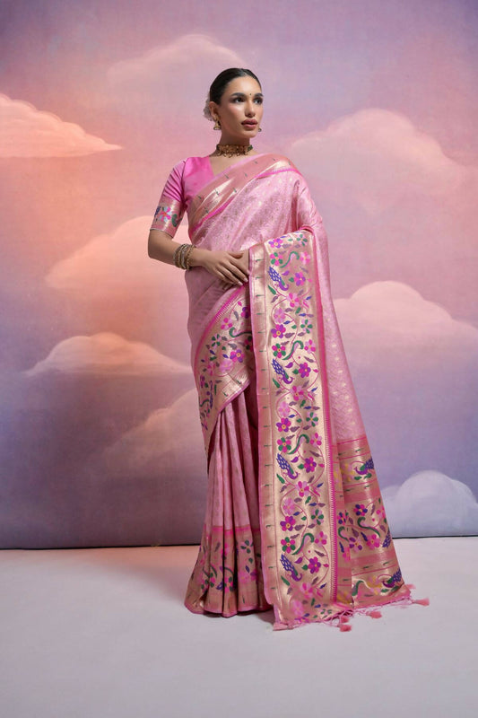 Vishnu Weaves Women's Baby-Pink Paithani Silk Zari Woven Saree with Blouse - Swadesiicart