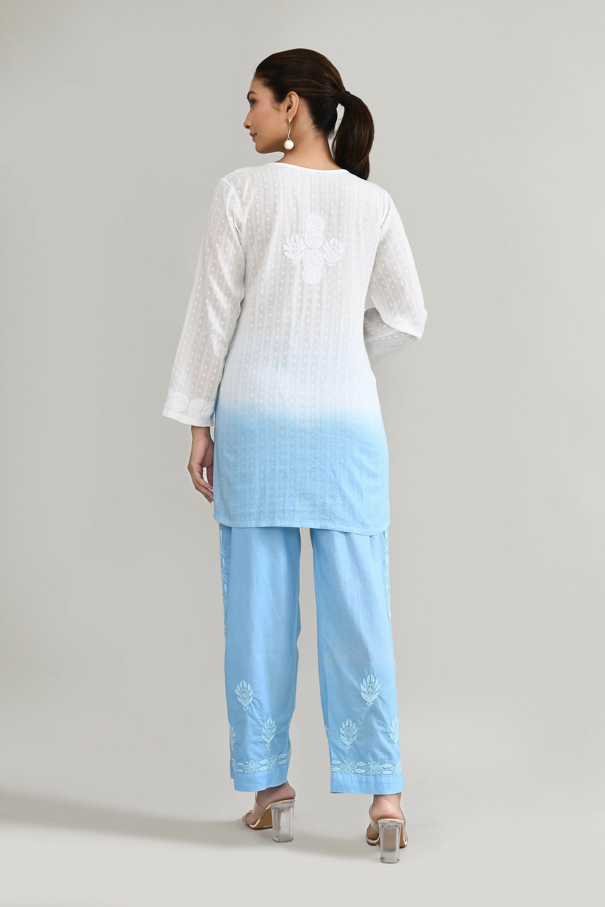 Joban Fashion Womens Cotton ChikanKari Sky Blue & White Cord set - Swadesiicart