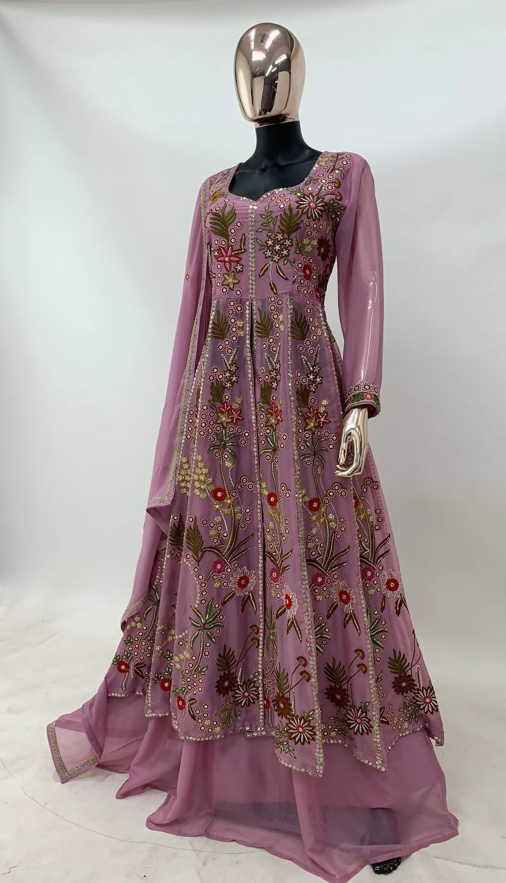 Lorenvalley Fashion Pink Viscose Silk Embroidery Work Gown Skirt Stitched | Swadesiicart