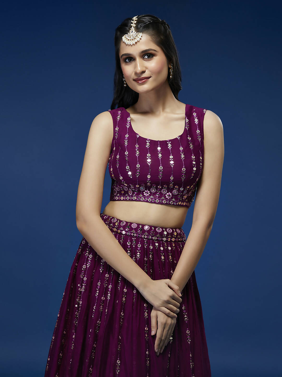 House of Panchhi Women Burgundy Pure Georgette Sequinse Embroidered Lehenga & Blouse, Dupatta | Swadesiicart
