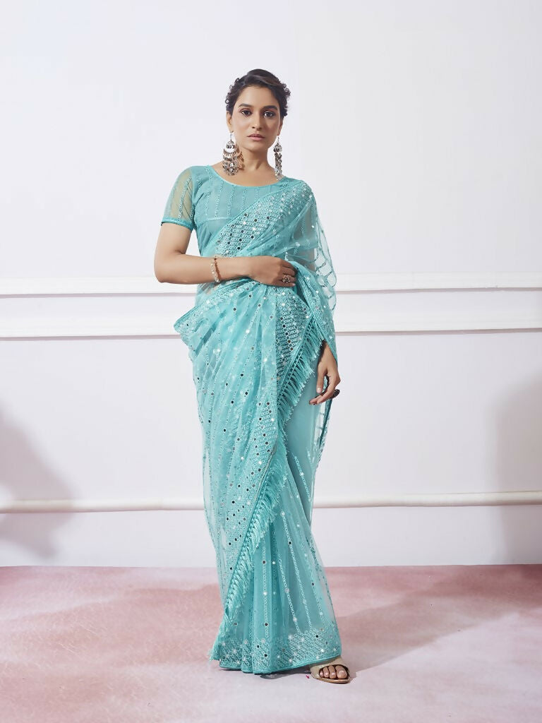Blue Net Designer Thread Embroidery Work Saree with Unstitched Blouse - Vandini